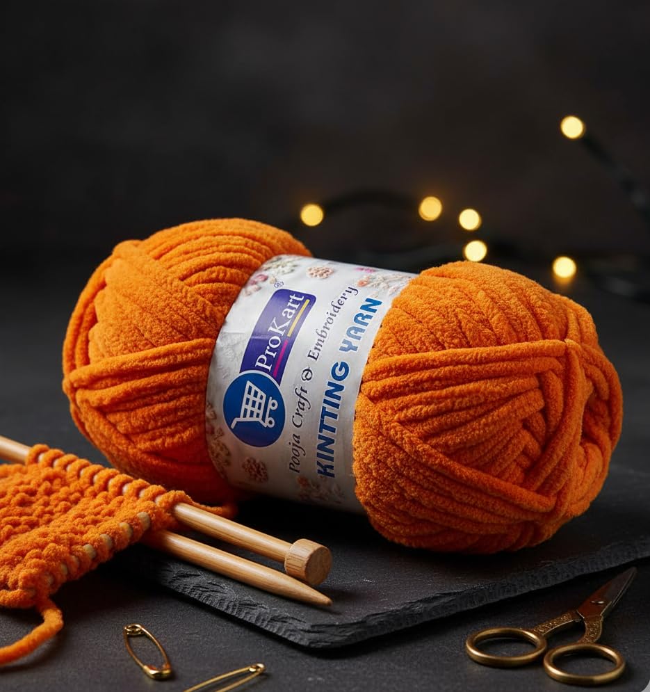ProKart Blankie Yarn – Super Soft Velvet Chenille Knitting & Crochet Yarn (Bright Orange)